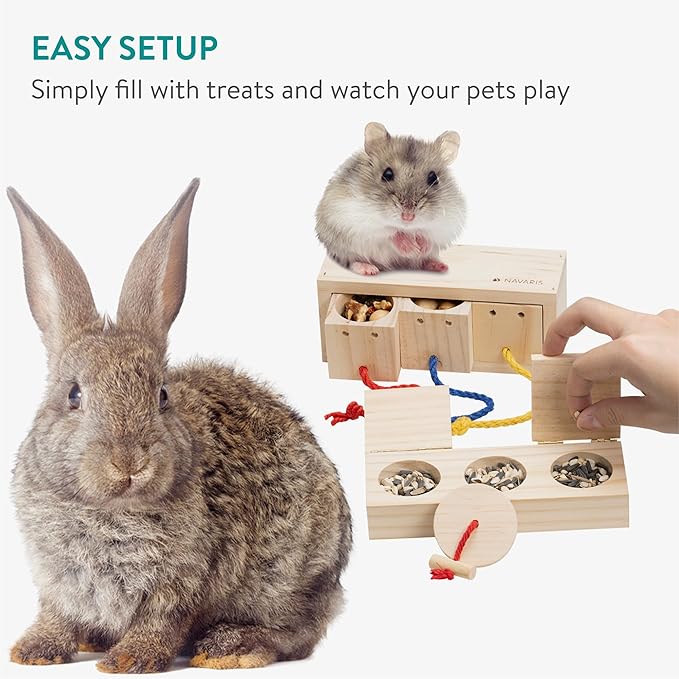 Navaris Juego de 2 Juguetes de Madera para Conejos y Roedores - Dispensador de Comida y Premios para Inteligencia - Juguetes para Hámster, Cobayas, Chinchillas