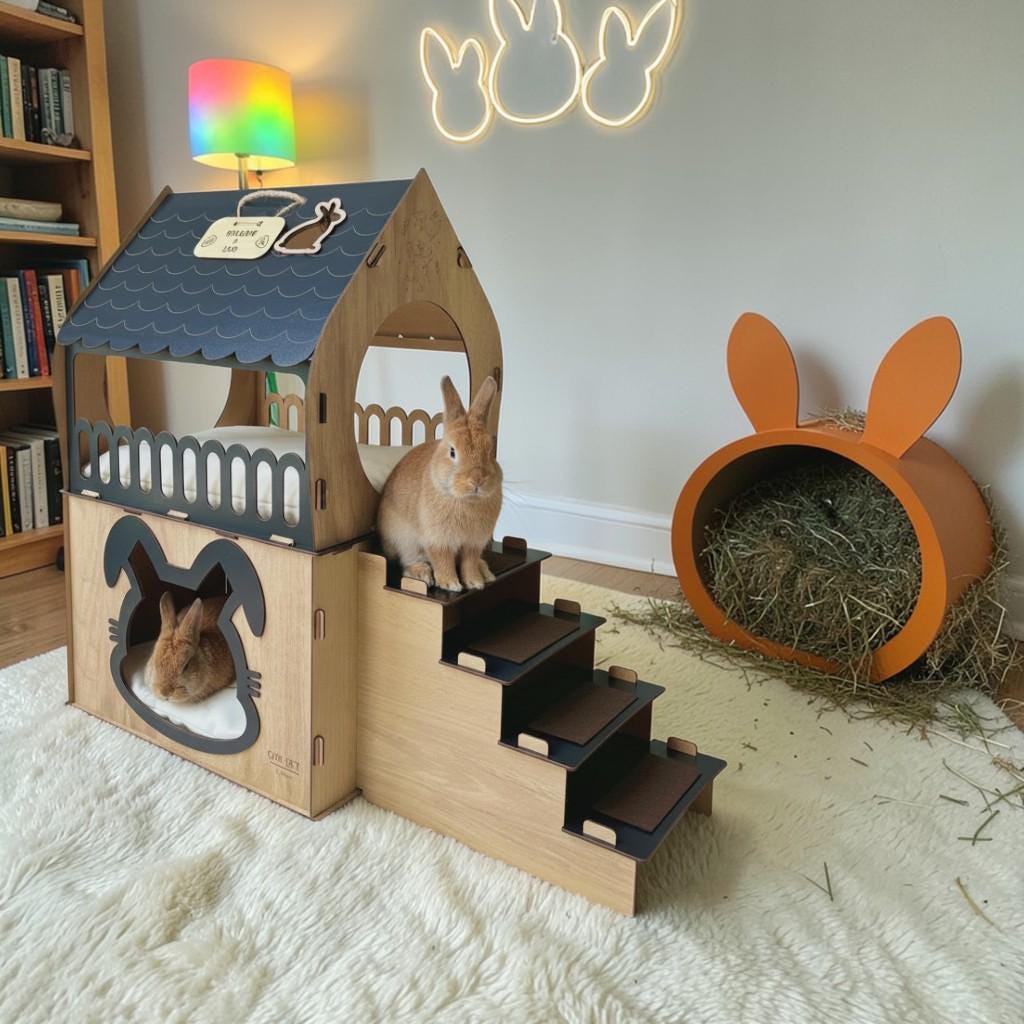 Casa de Madera Modular Indoor para Conejos - Dos Niveles
