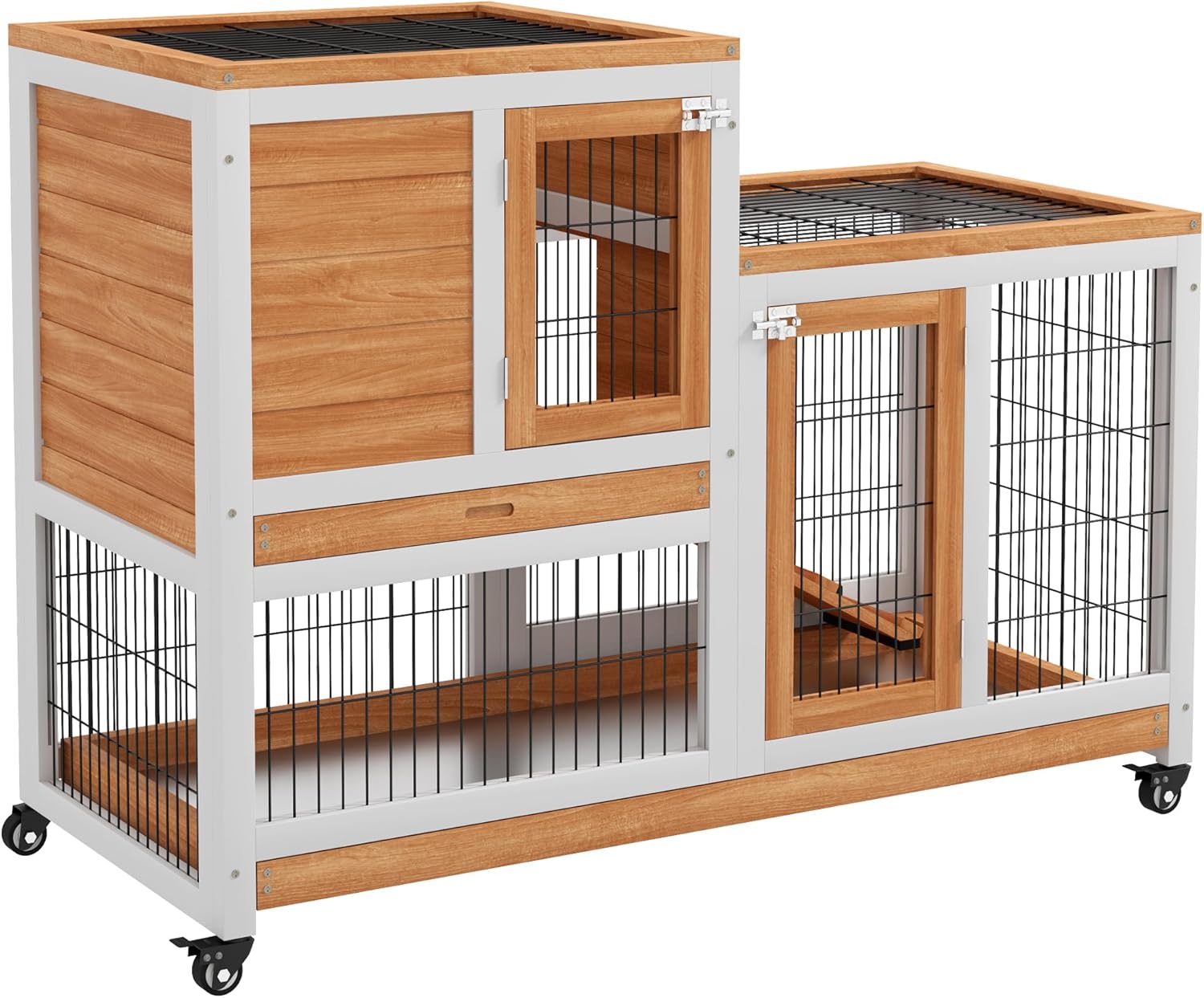 PawHut Conejera de Madera de 2 Niveles con Ruedas 110x50x88 cm