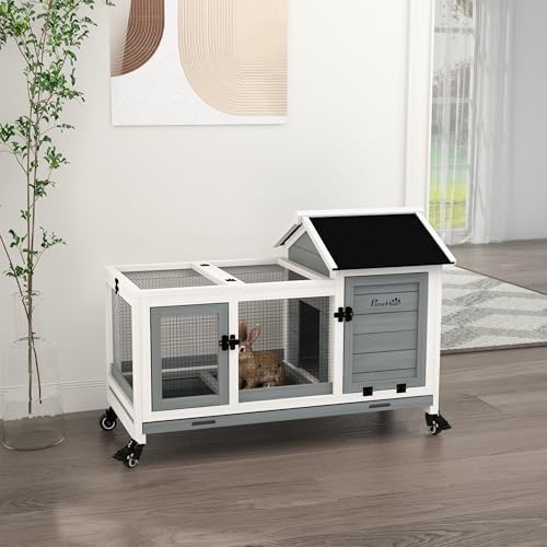 PawHut Conejera de Madera con Ruedas Jaula para Conejos con Techo Puede Abrir y Bandeja Extraíble Conejera para Interior y Exterior 108x58x73,5 cm Gris