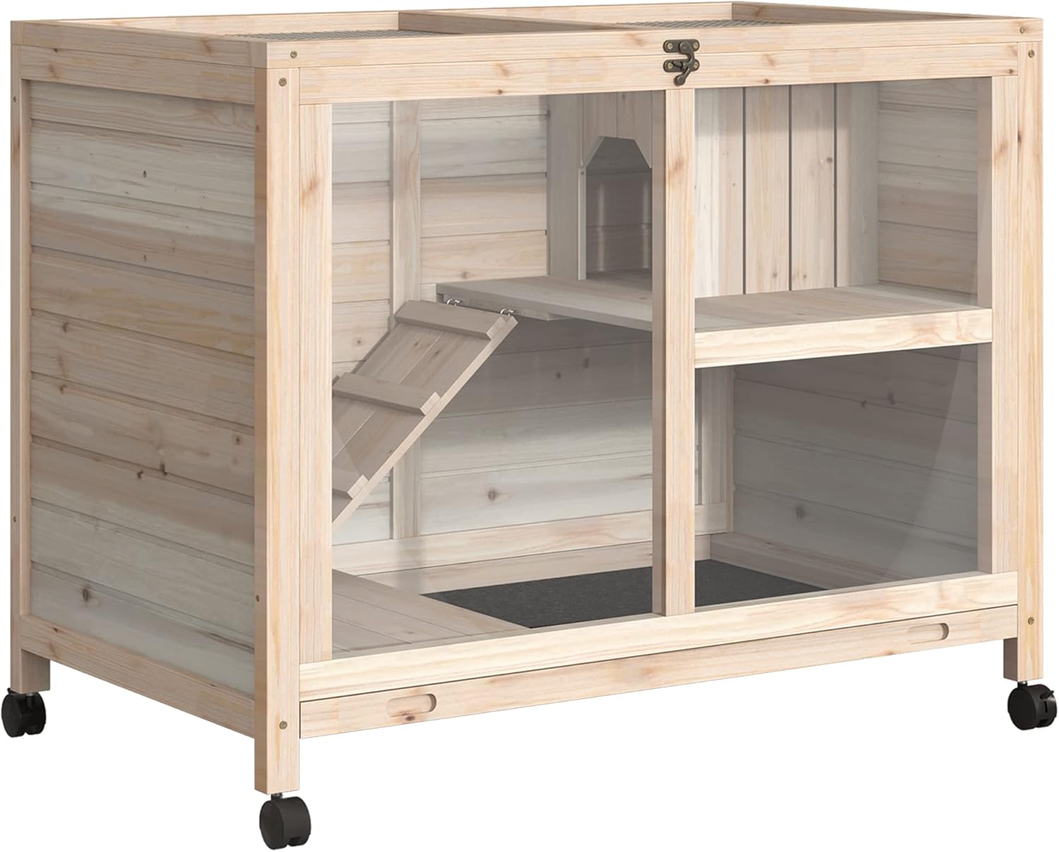 PawHut Conejera de Madera con Ruedas y Metacrilato 91,5x53,3x73 cm