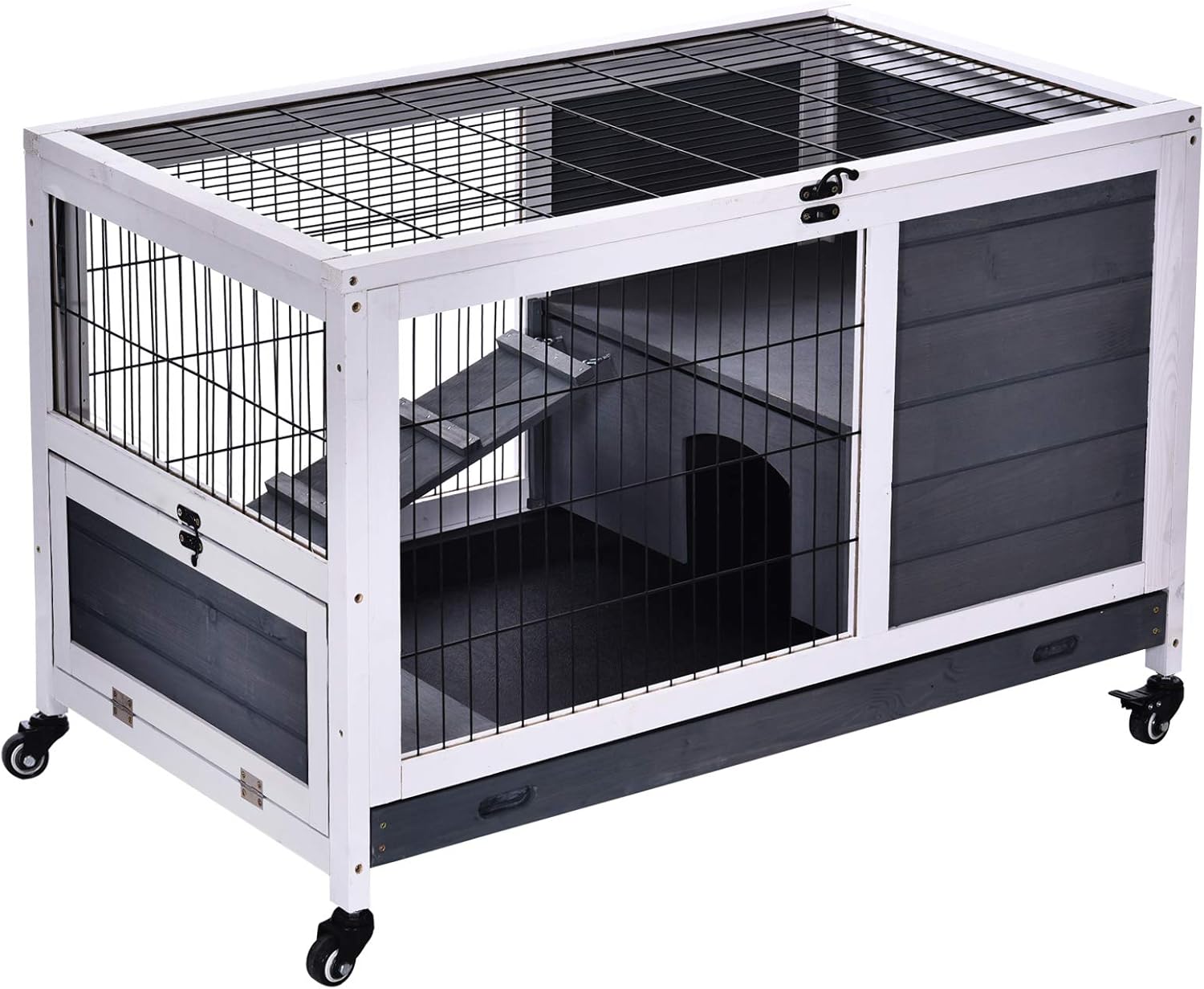 PawHut Jaula para Conejos de Madera con Ruedas 90x53x59 cm Gris