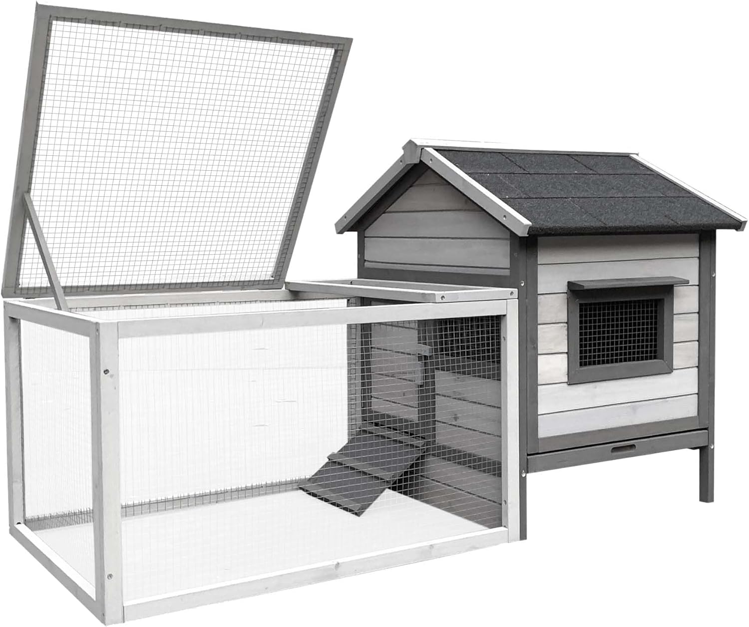WilTec Conejera de Madera Gris con Caseta y Corral 146x75x83 cm